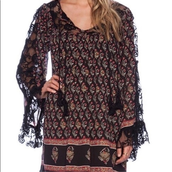 Free People Nomad Child Boho Black Floral Lace Detail Dress Tie Tassel neck xs - Picture 11 of 14